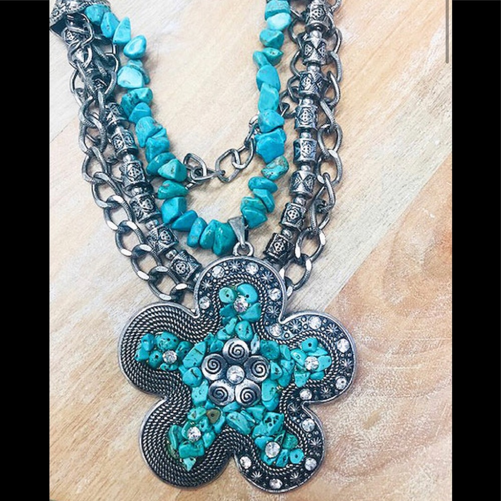 Large TurquoiseFlower multi chain necklace NWT